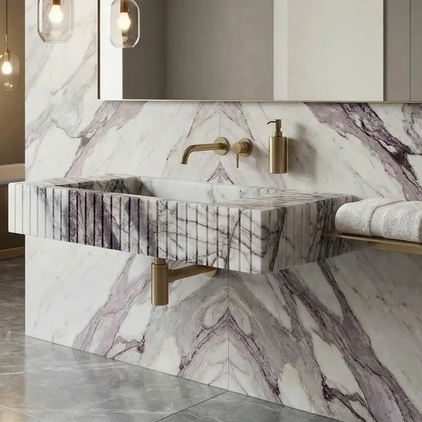 New York Marble Wall Mount Bathroom Sink Fluted Design with 12 by 20 by 5 Inch Size by GobekDesign
