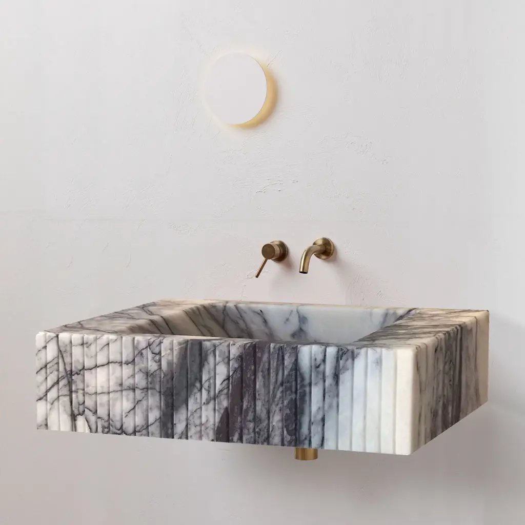 New York Marble Wall Mount Bathroom Sink Fluted Design with 12 by 20 by 5 Inch Size by GobekDesign