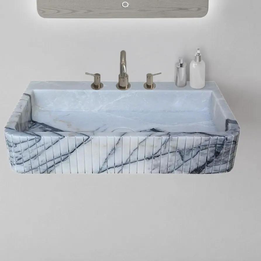 Premium Turkish New York Marble Wall Mount Bathroom Sink Fluted 28 x 16 x 5 Inches by GobekDesign