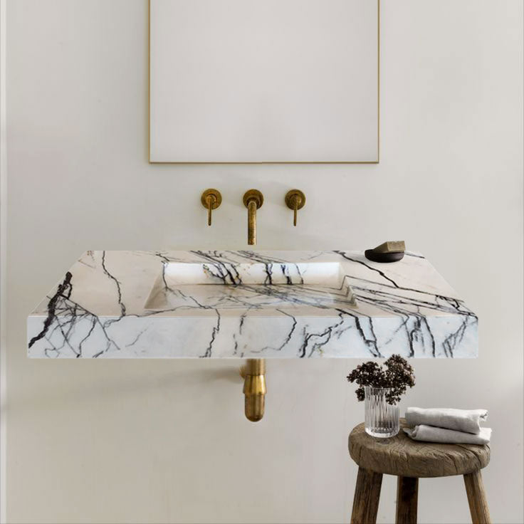 New York Marble Wall-mount Bathroom Sink Hidden Drain Polished (W)16" (L)43" (H)6" by GobekDesign