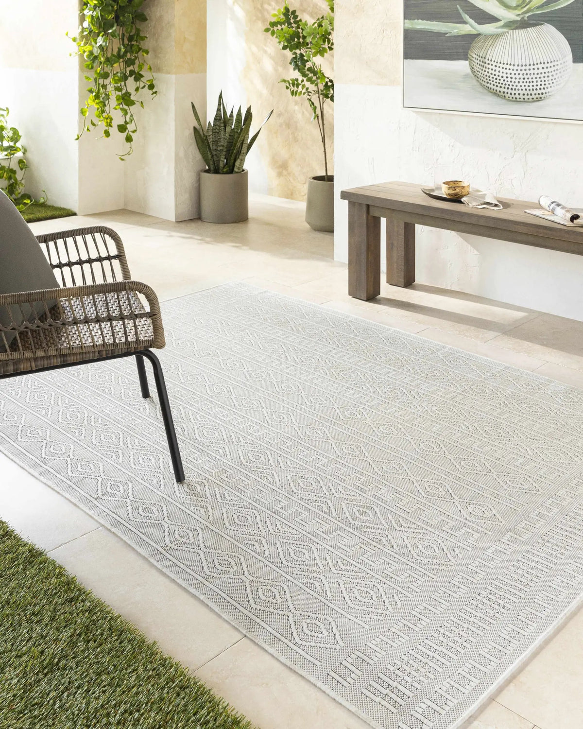 Nuela Light Gray Outdoor Area Rug - Clearance, installed in a room
