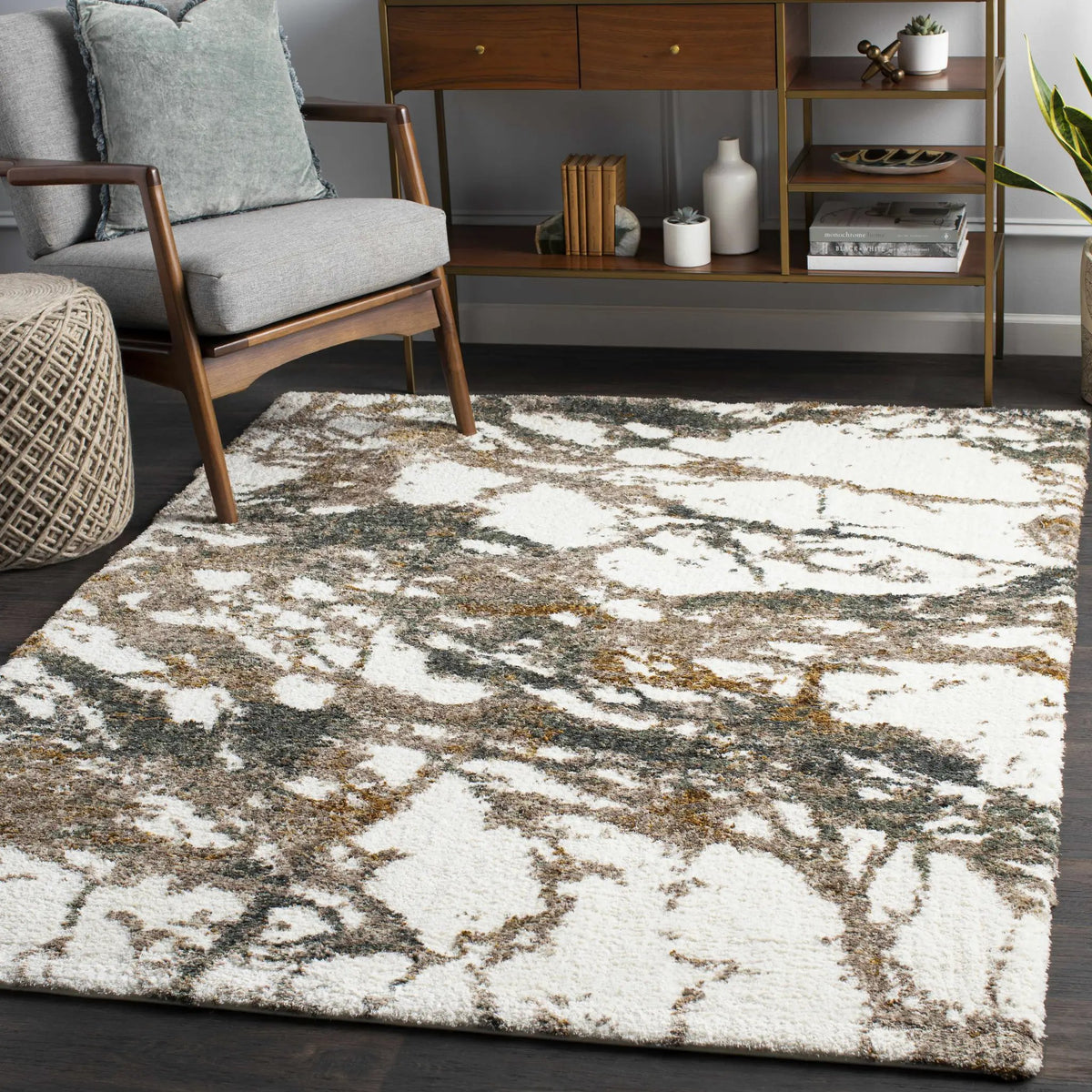 Ngunnawal Cream/Brown Marble Plush Rug, installed in a room
