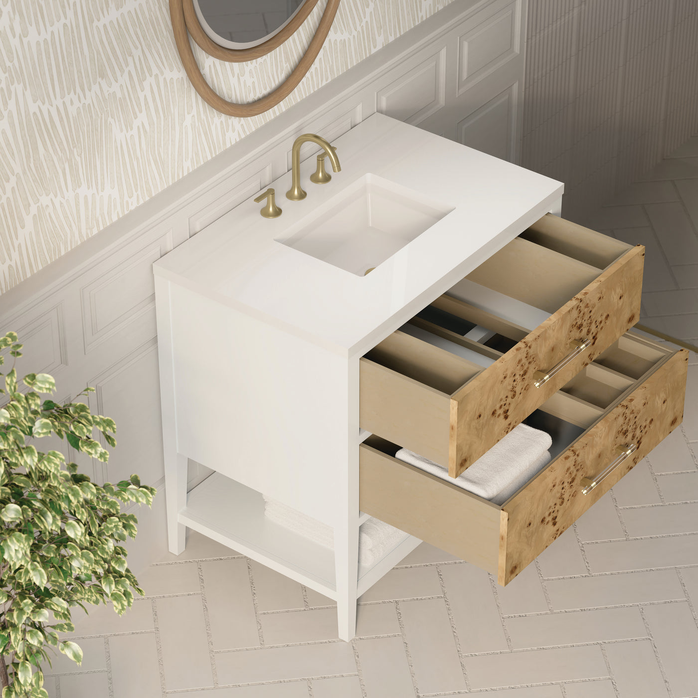 James Martin Olena 36" Single Bathroom Vanity, Polished White and Light Mappa Burl, view 21