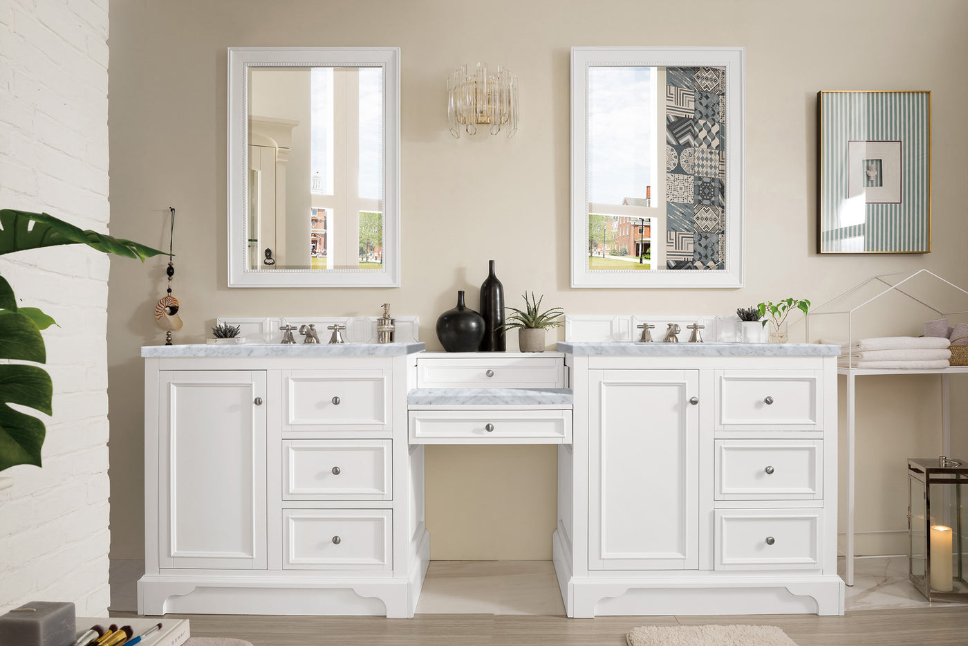 James Martin De Soto 94" Double Bathroom Vanity, Bright White with Carrara White countertop