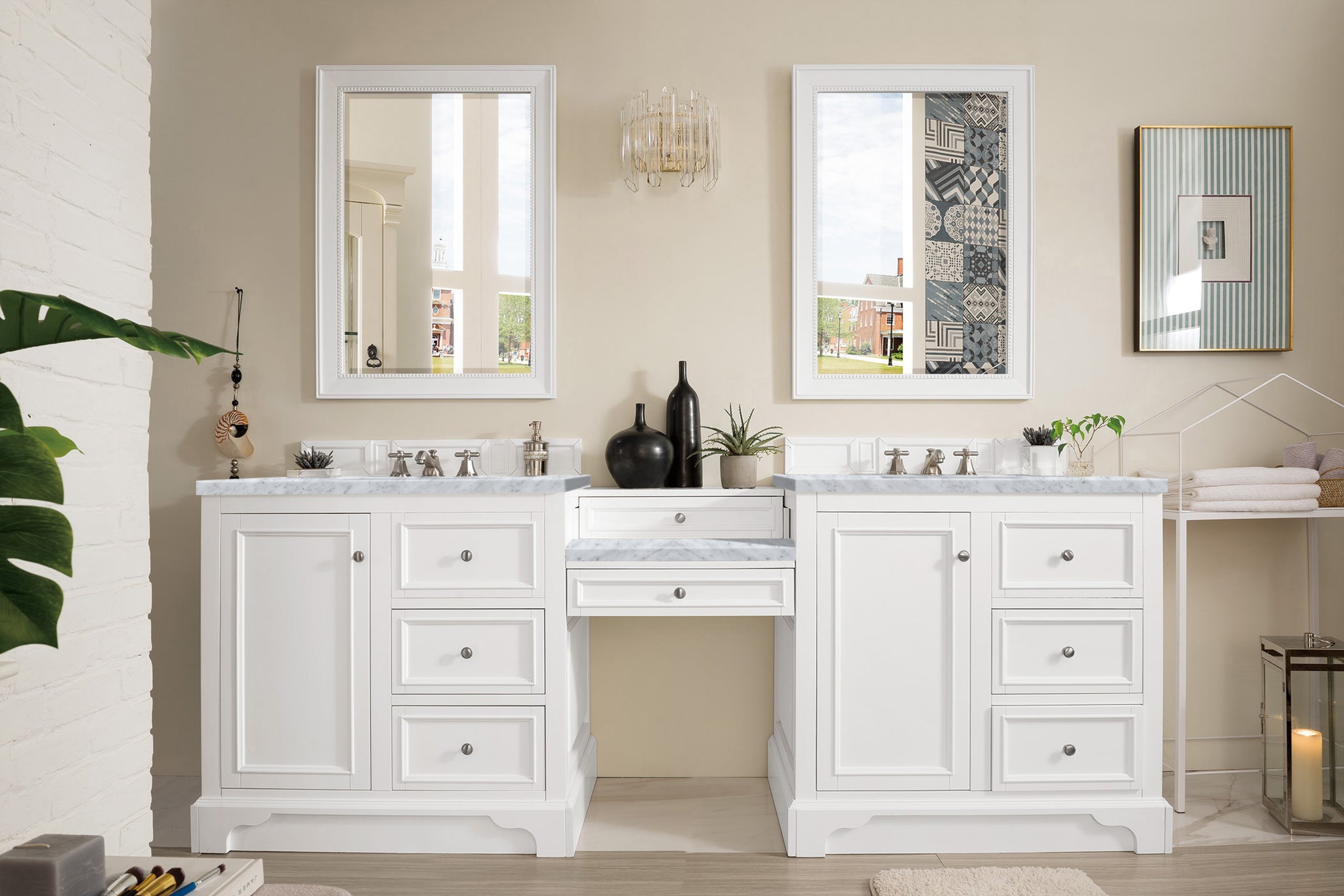 James Martin De Soto 94" Double Bathroom Vanity, Bright White with Carrara White countertop