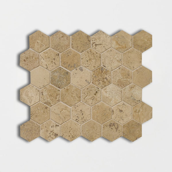 Noce Honed Filled Hexagon Travertine Mosaics 10 3/8x12