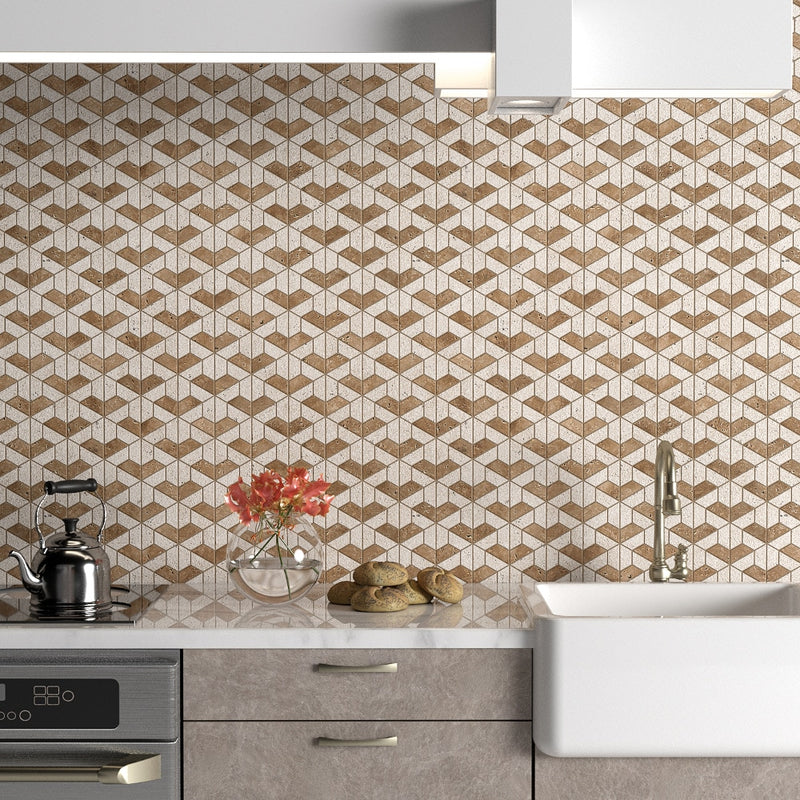 Noce Textured 3d Hexagon Travertine Mosaics 10 3/8x12 Travertine Textured 12x12 Mosaics — 3