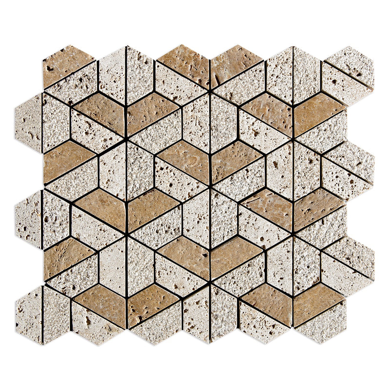 Noce Textured 3d Hexagon Travertine Mosaics 10 3/8x12 Travertine Textured 12x12 Mosaics