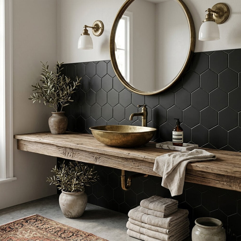 Noir Matte Midi Hexagon Ceramic Mosaics 8x10 Ceramic Matte 8x16 Mosaics — 2