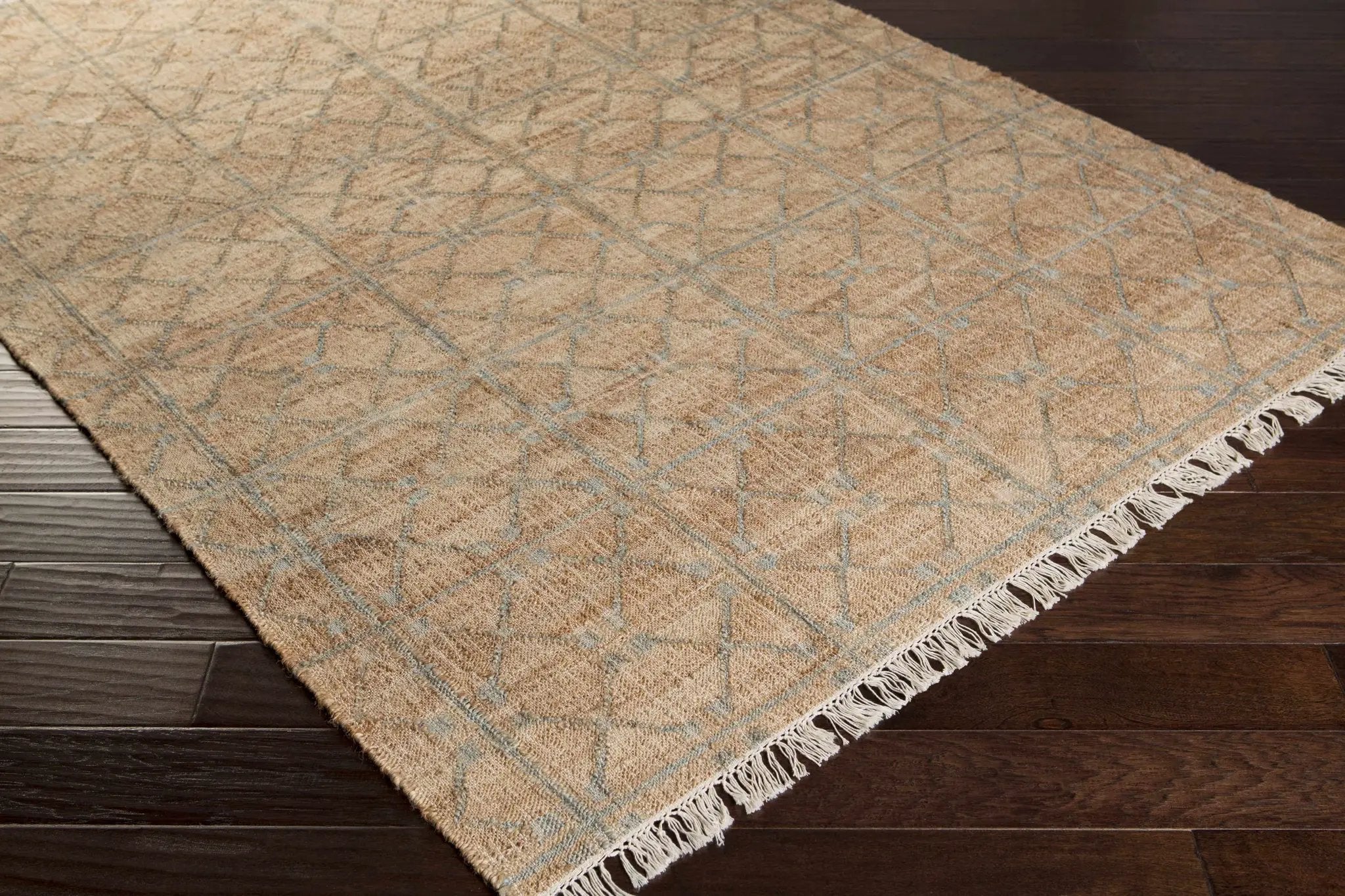 Rice Dusty Sage Fringed Jute Carpet by Boutique Rugs
