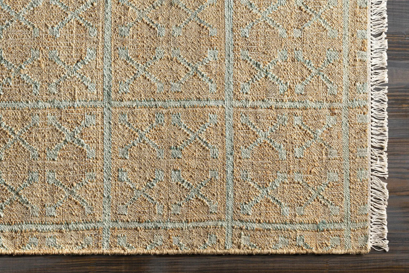 Rice Dusty Sage Fringed Jute Carpet by Boutique Rugs