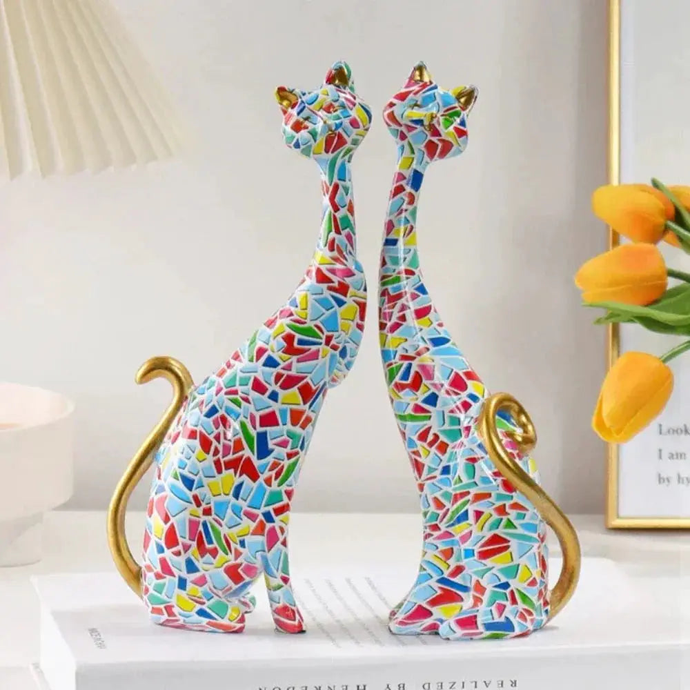 Abstract Colorful Cat Figurine Set Decorative Sculptures by House Of Avana