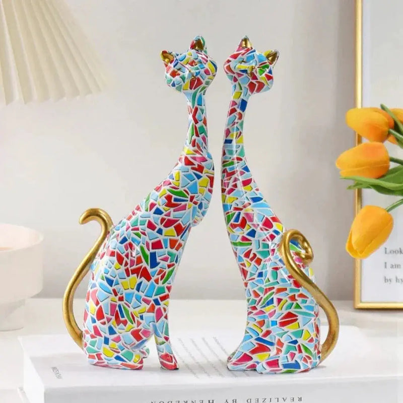 Abstract Colorful Cat Figurine Set Decorative Sculptures by House Of Avana