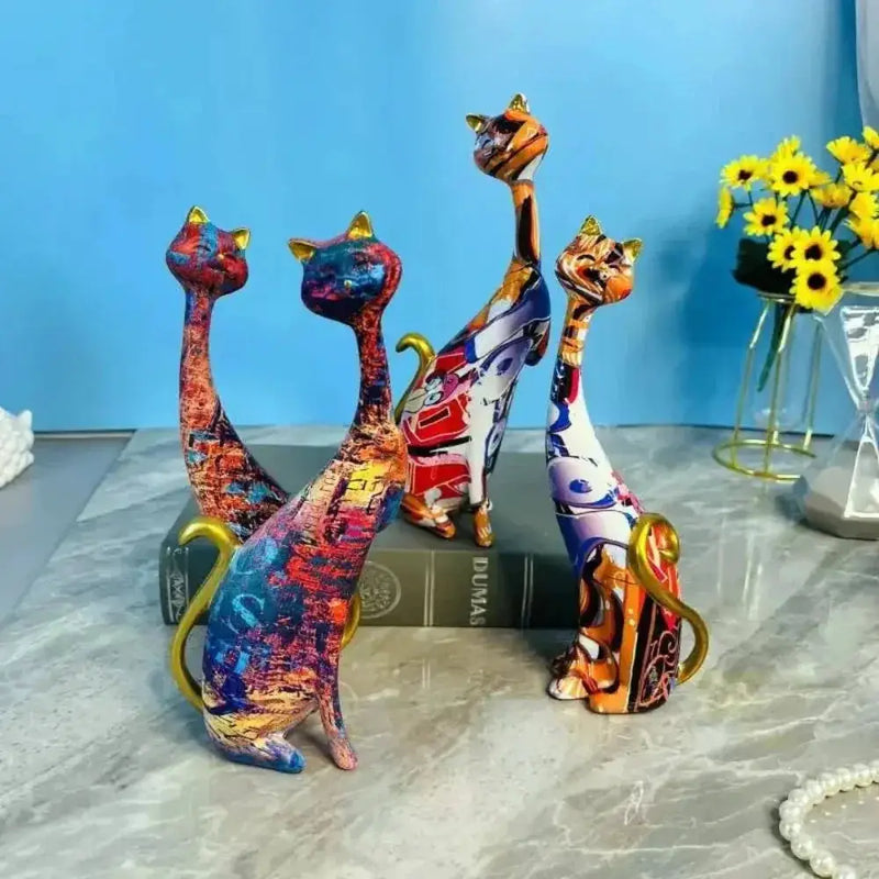Abstract Colorful Cat Figurine Set Decorative Sculptures by House Of Avana