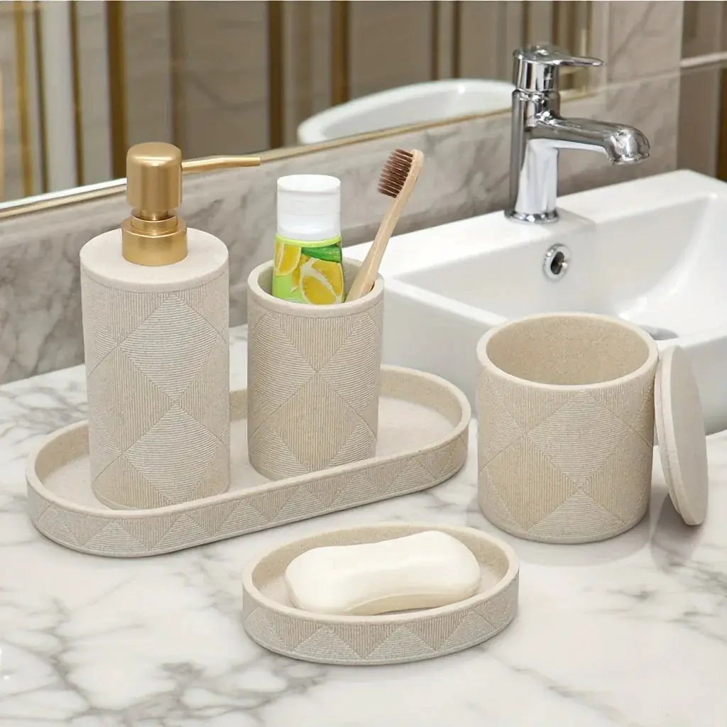 Nordic Modern Beige Bathroom Set - Complete Shower & Sink Organizer Kit with Toothbrush Holder, Soap Dispenser-Compatible Tray, Durable Beige Storage Compartments for Countertop - Minimalist Scandinavian Style (No Assembly Re by House Of Avana