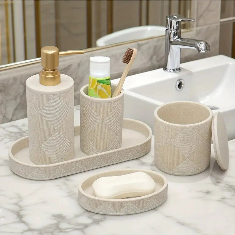 Nordic Modern Beige Bathroom Set - Complete Shower & Sink Organizer Kit with Toothbrush Holder, Soap Dispenser-Compatible Tray, Durable Beige Storage Compartments for Countertop - Minimalist Scandinavian Style (No Assembly Re by House Of Avana