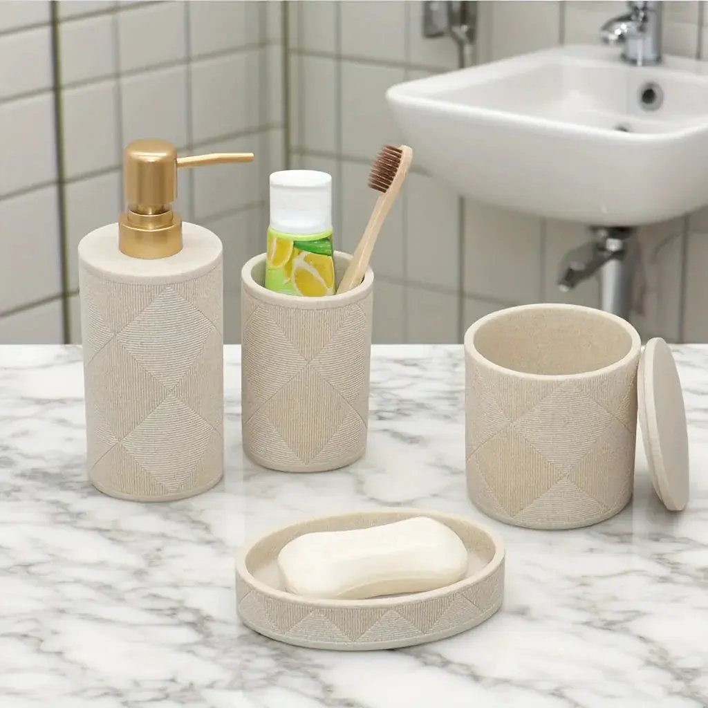 Nordic Modern Beige Bathroom Set - Complete Shower & Sink Organizer Kit with Toothbrush Holder, Soap Dispenser-Compatible Tray, Durable Beige Storage Compartments for Countertop - Minimalist Scandinavian Style (No Assembly Re by House Of Avana