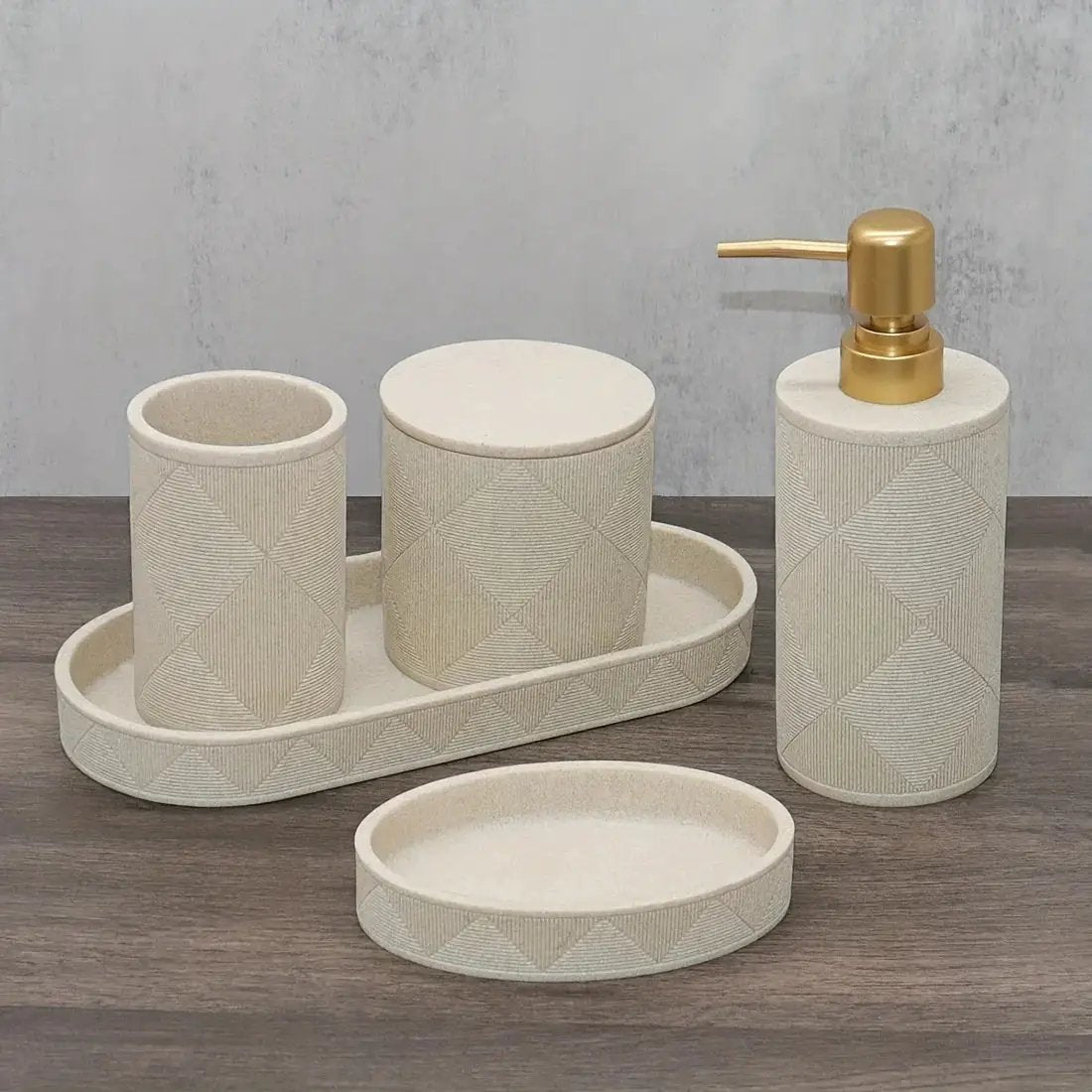 Nordic Modern Beige Bathroom Set - Complete Shower & Sink Organizer Kit with Toothbrush Holder, Soap Dispenser-Compatible Tray, Durable Beige Storage Compartments for Countertop - Minimalist Scandinavian Style (No Assembly Re by House Of Avana
