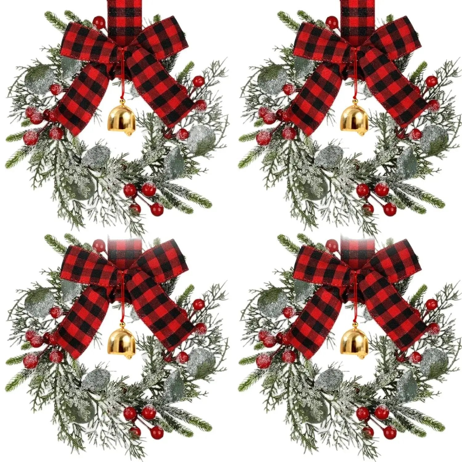 Norfolk Pine 9-Inch Mini Christmas Wreath Set with Red Berries & Plaid Bow by House Of Avana
