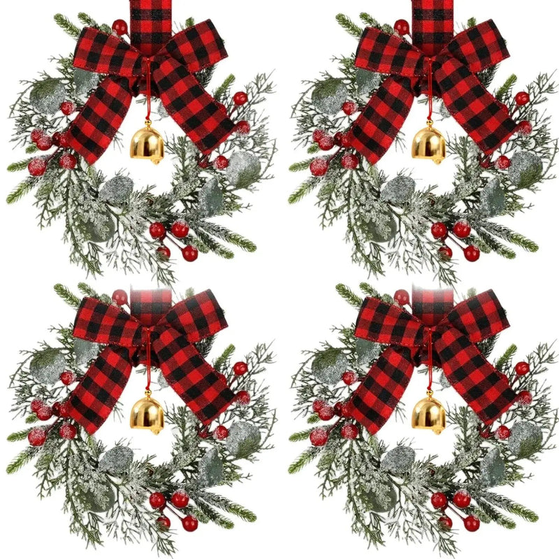 Norfolk Pine 9-Inch Mini Christmas Wreath Set with Red Berries & Plaid Bow by House Of Avana