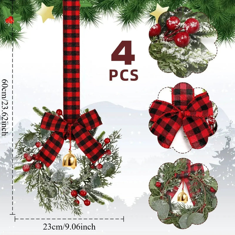 Norfolk Pine 9-Inch Mini Christmas Wreath Set with Red Berries & Plaid Bow by House Of Avana