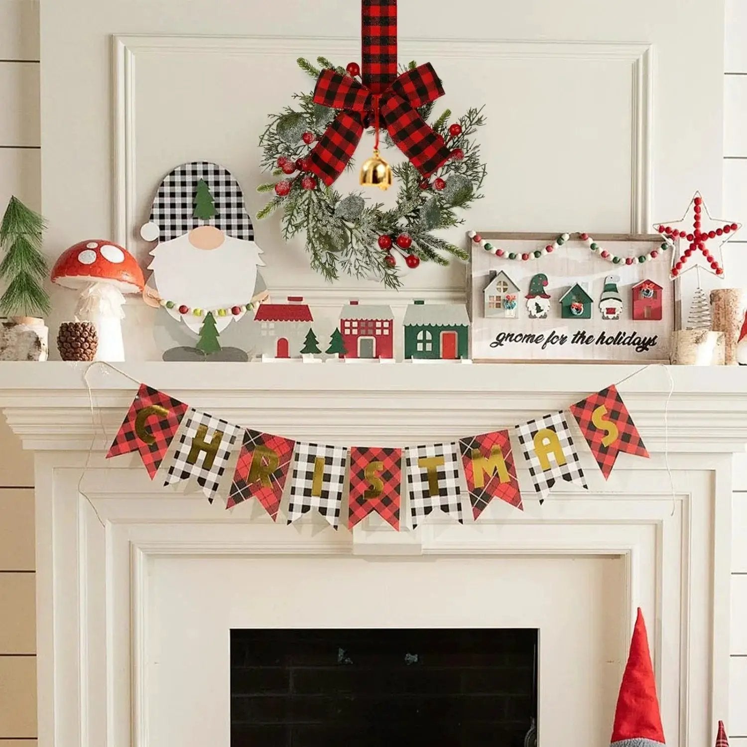 Norfolk Pine 9-Inch Mini Christmas Wreath Set with Red Berries & Plaid Bow by House Of Avana