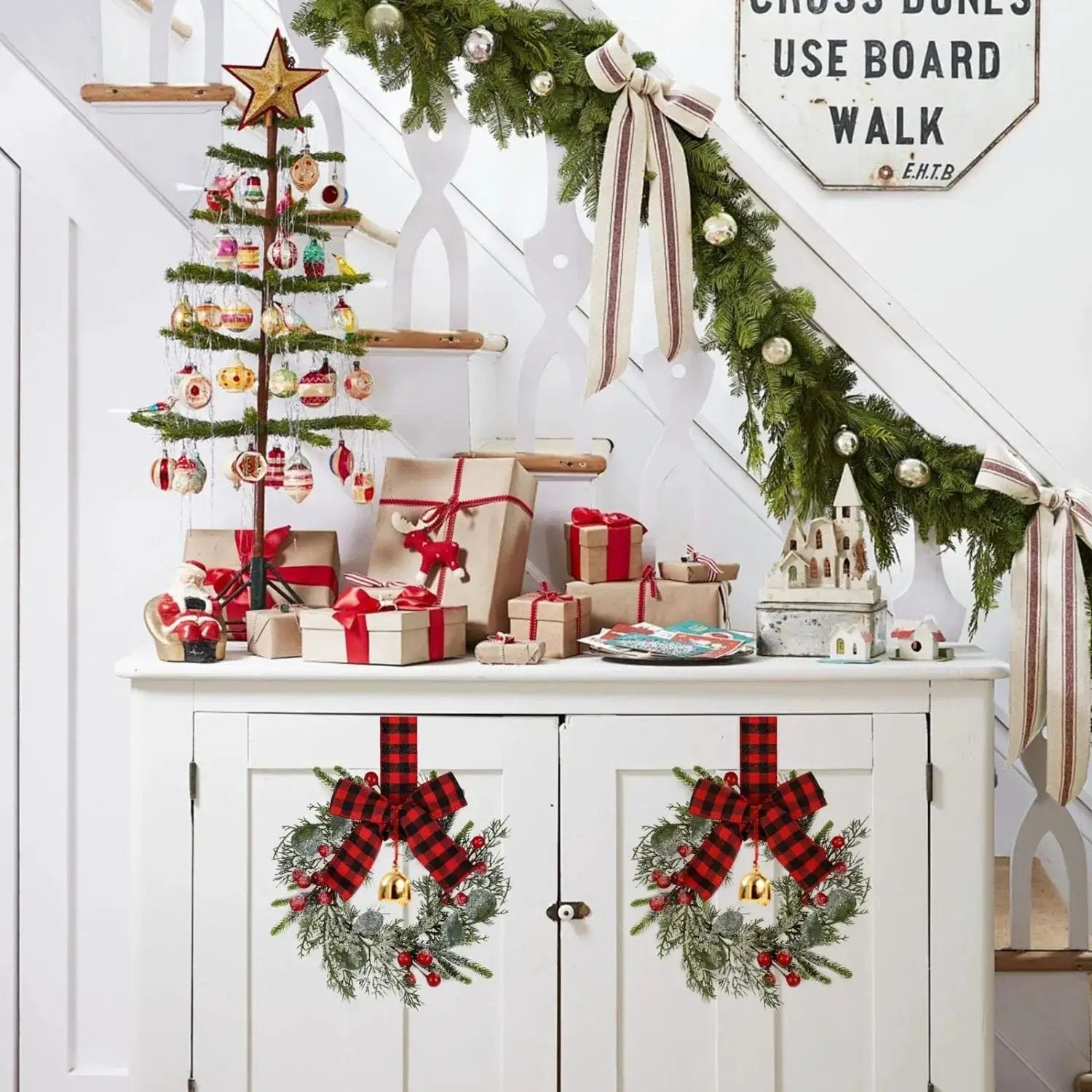 Norfolk Pine 9-Inch Mini Christmas Wreath Set with Red Berries & Plaid Bow by House Of Avana