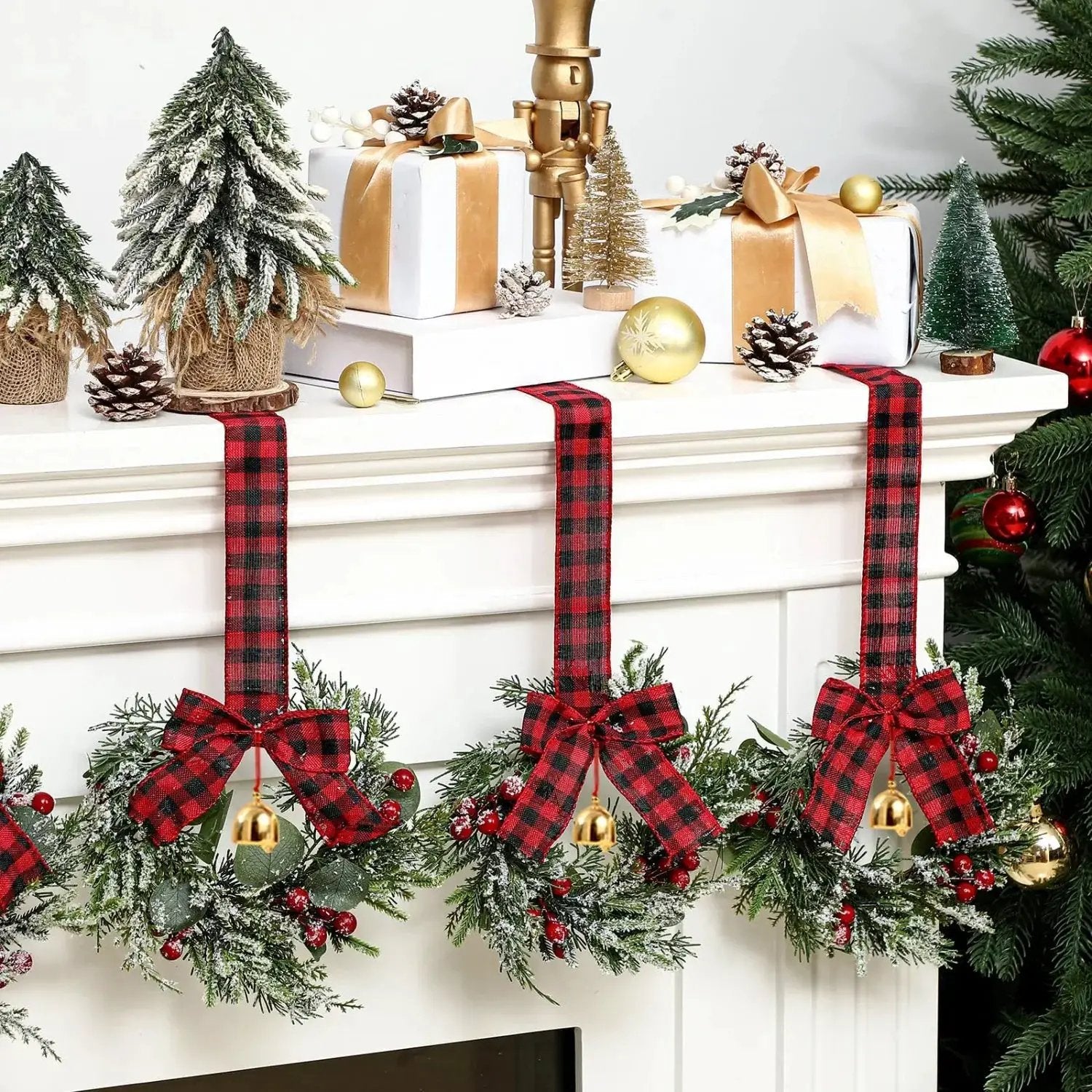Norfolk Pine 9-Inch Mini Christmas Wreath Set with Red Berries & Plaid Bow by House Of Avana