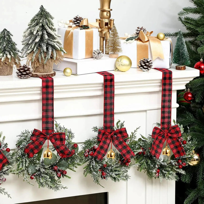 Norfolk Pine 9-Inch Mini Christmas Wreath Set with Red Berries & Plaid Bow by House Of Avana