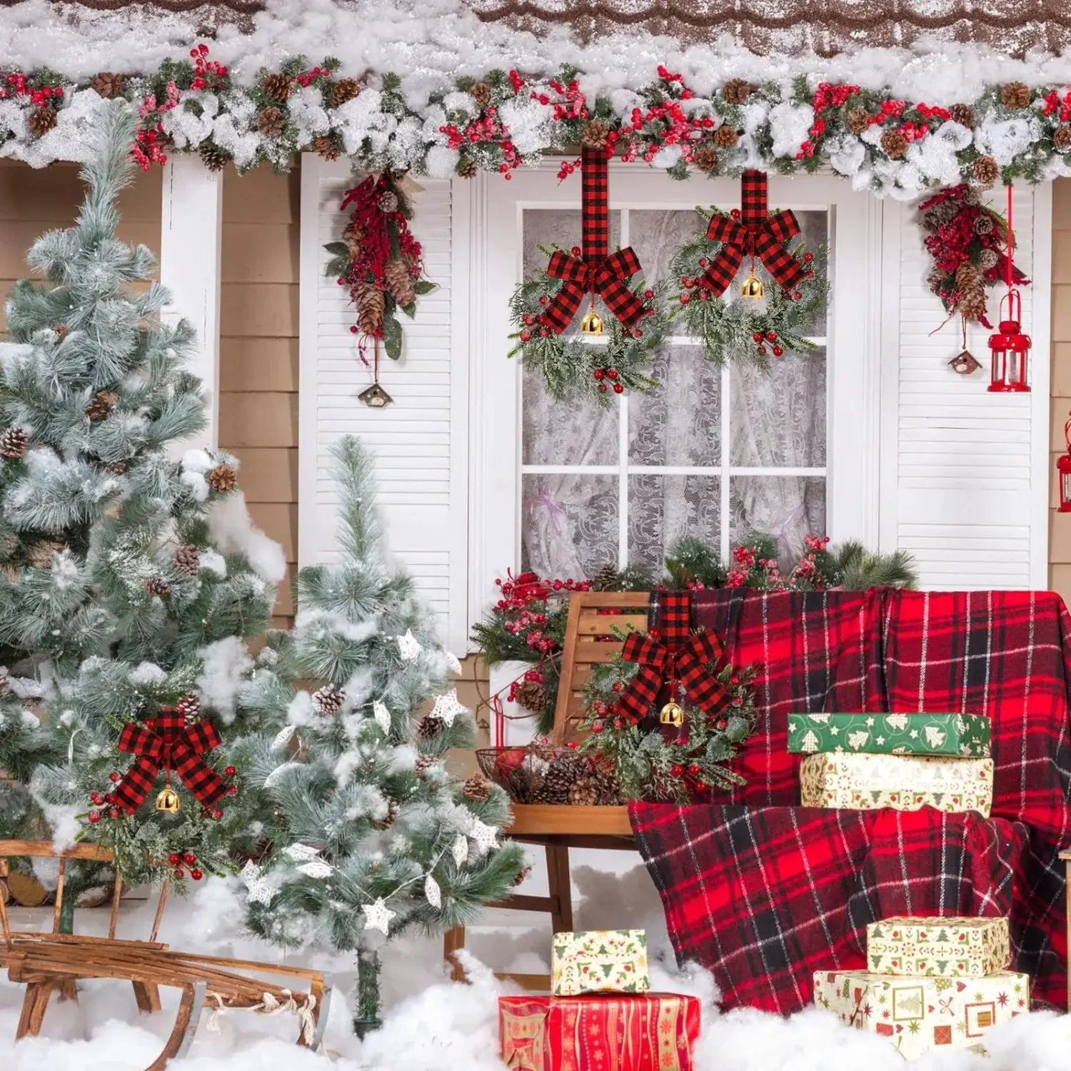 Norfolk Pine 9-Inch Mini Christmas Wreath Set with Red Berries & Plaid Bow by House Of Avana