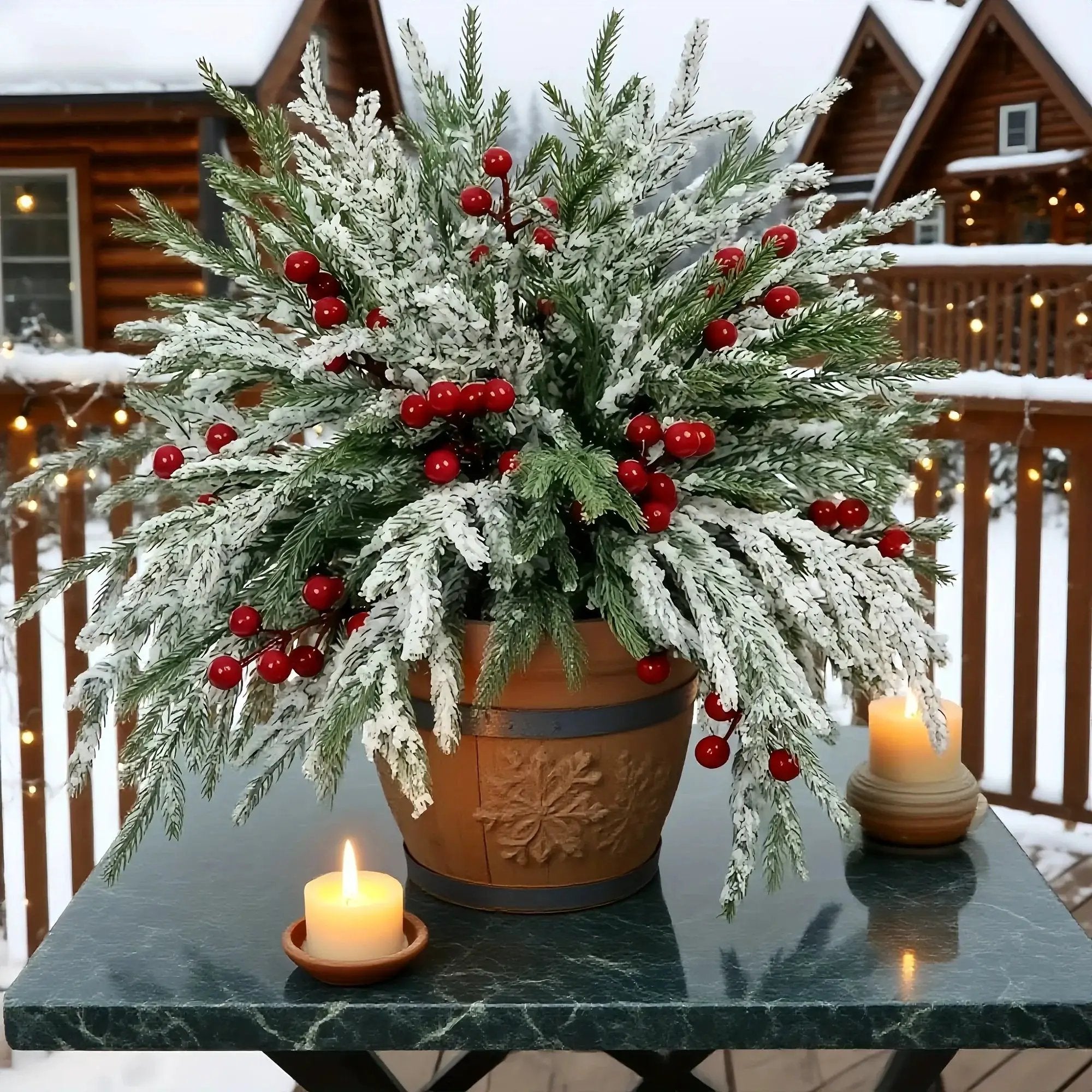 Norfolk Pine Branches - 30pcs Green with Red Berries Artificial Christmas Decor by House Of Avana