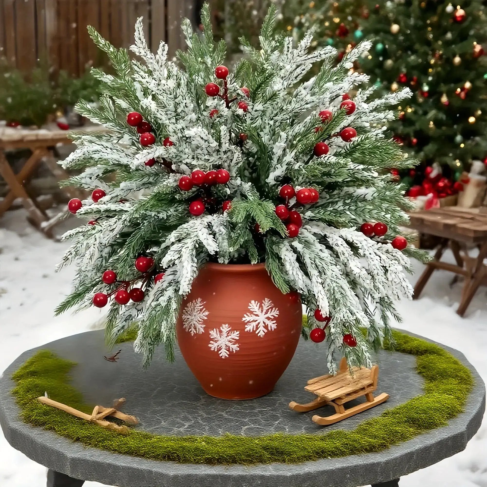 Norfolk Pine Branches - 30pcs Green with Red Berries Artificial Christmas Decor by House Of Avana