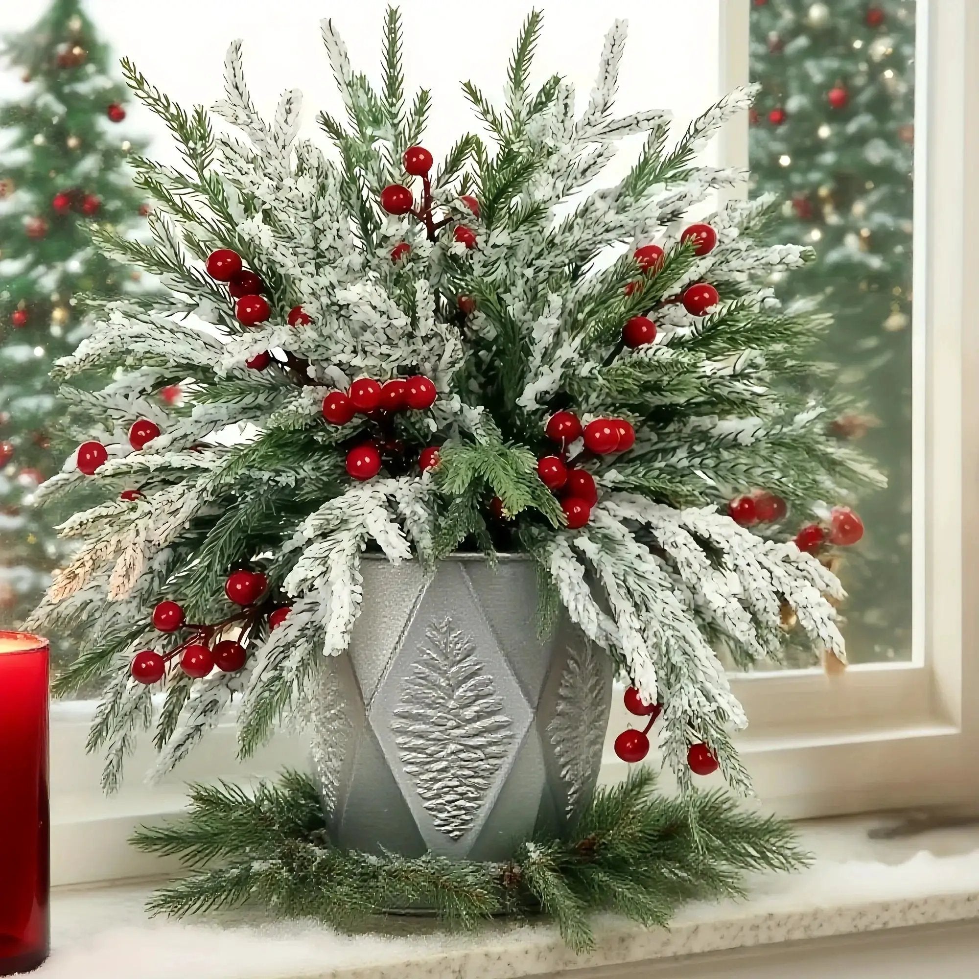 Norfolk Pine Branches - 30pcs Green with Red Berries Artificial Christmas Decor by House Of Avana