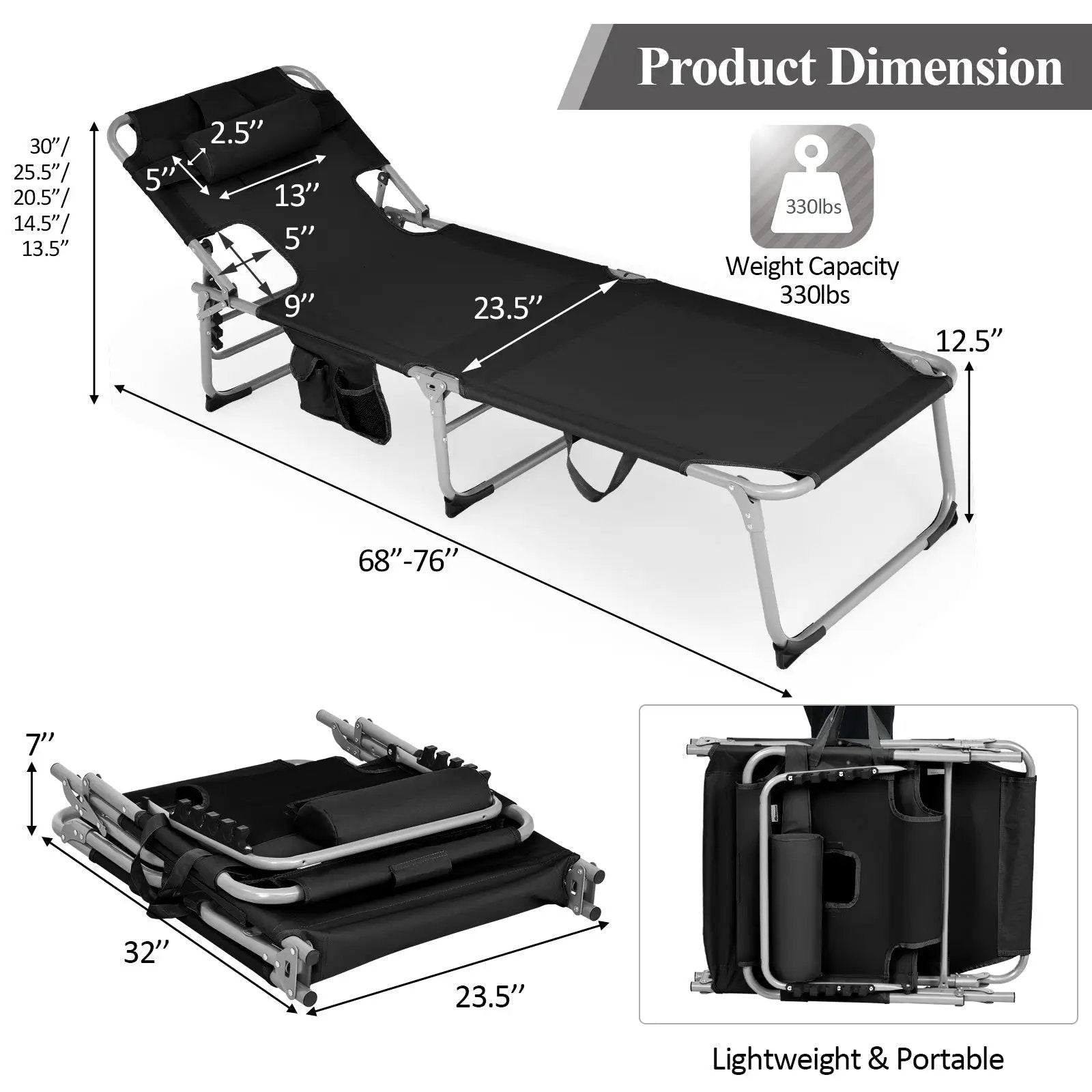 Folding Beach Lounge Chair with Pillow for Outdoor-Black by DirectDeals
