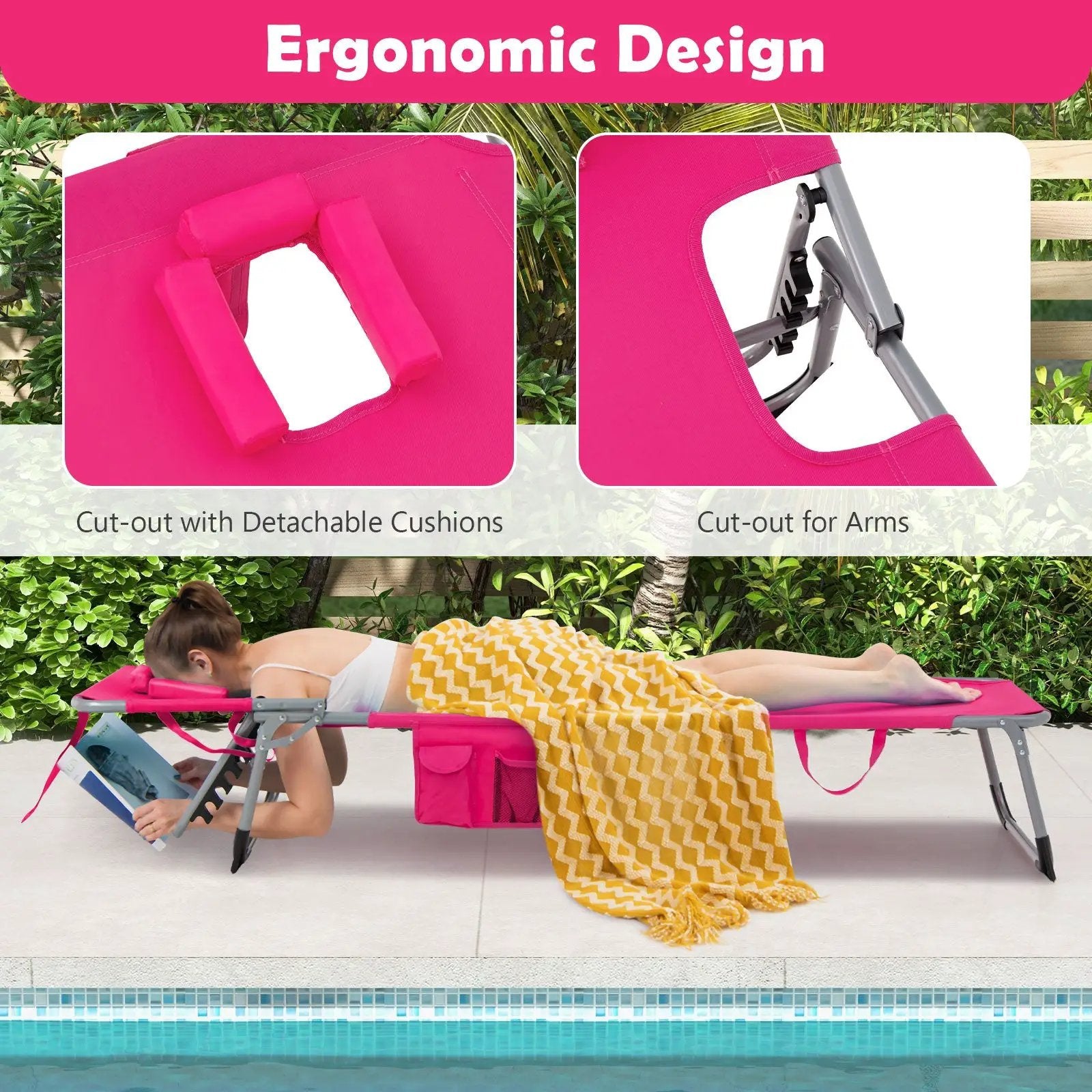 Folding Beach Lounge Chair with Pillow for Outdoor-Pink by DirectDeals