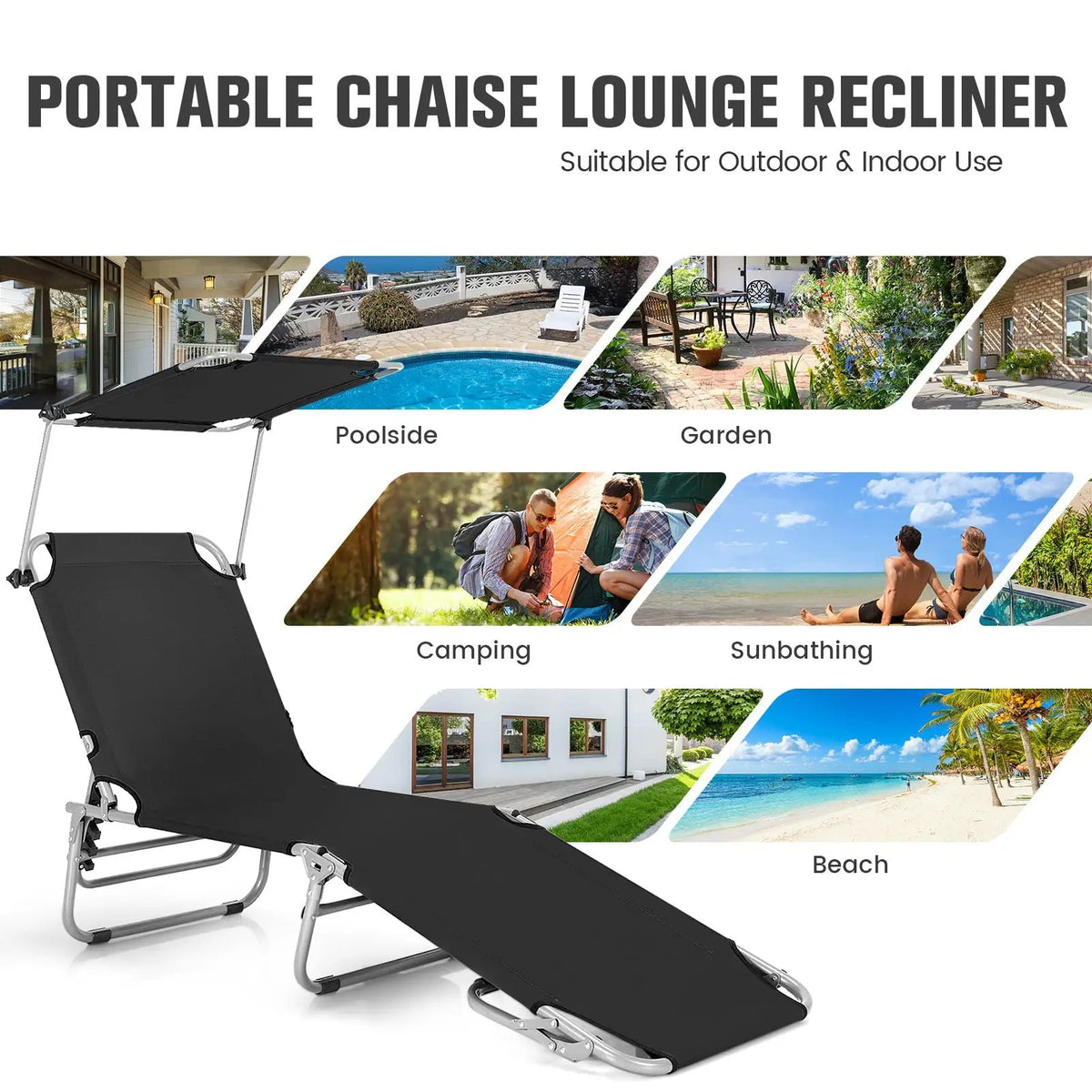 Adjustable Outdoor Beach Patio Pool Recliner with Sun Shade, photo 2 of 8