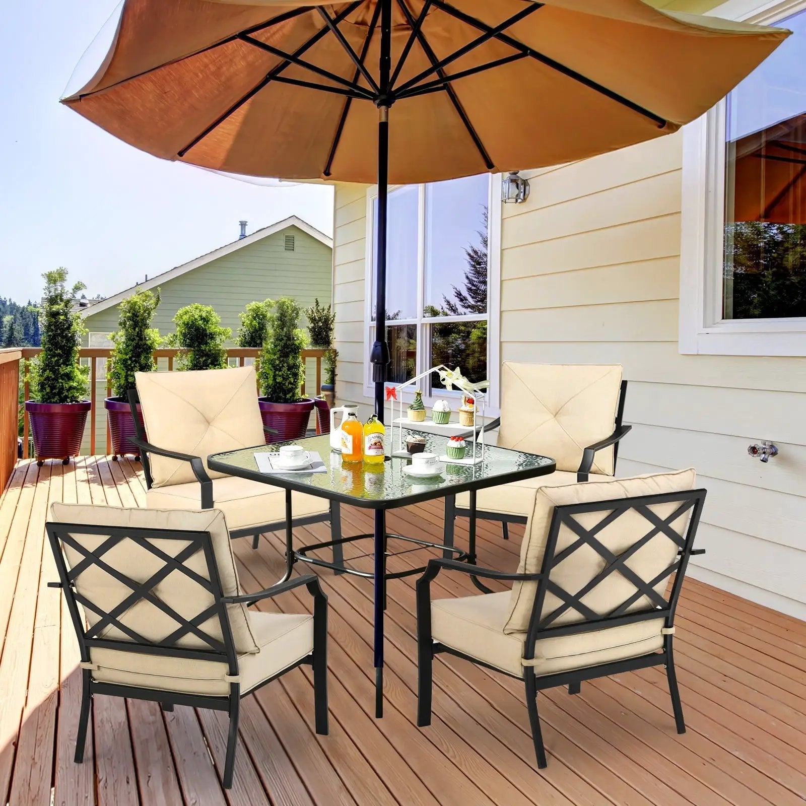 2 Pieces Patio Dining Set with Padded Cushions Armrest Steel Frame by DirectDeals
