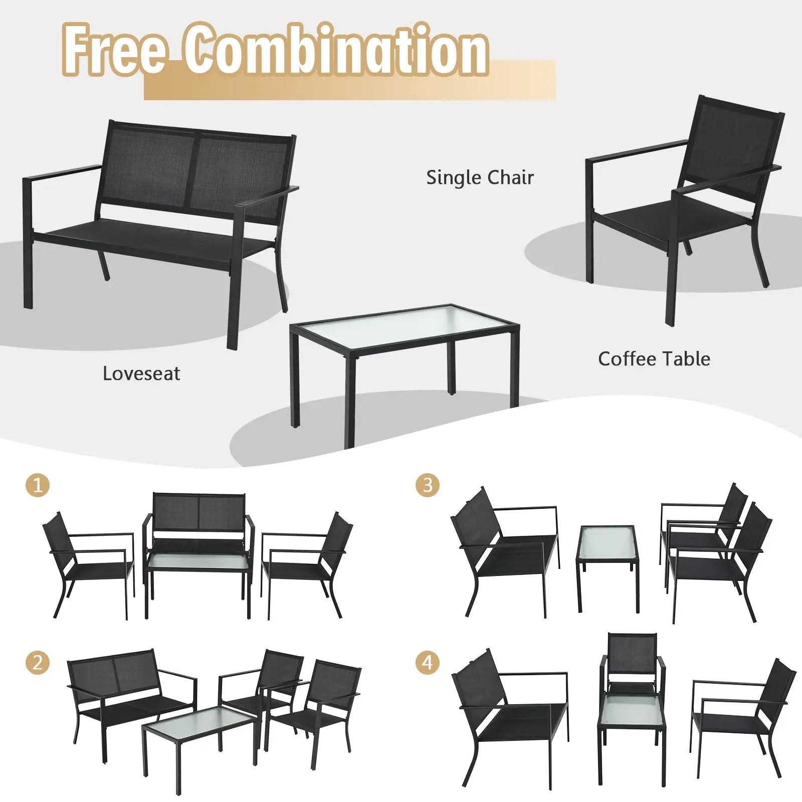 4 PCS Patio Furniture Set Sofa Coffee Table Steel Frame Garden-Gray by DirectDeals