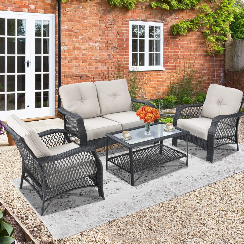 4 Pieces Patio Wicker Furniture Set Loveseat Sofa Coffee Table with Cushion-Beige by DirectDeals