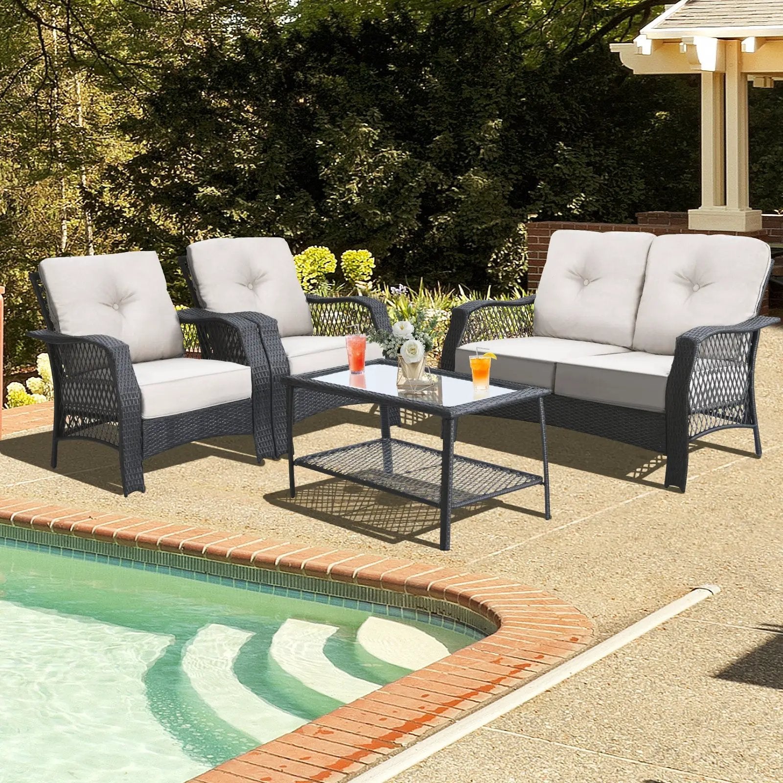 4 Pieces Patio Wicker Furniture Set Loveseat Sofa Coffee Table with Cushion-Beige by DirectDeals