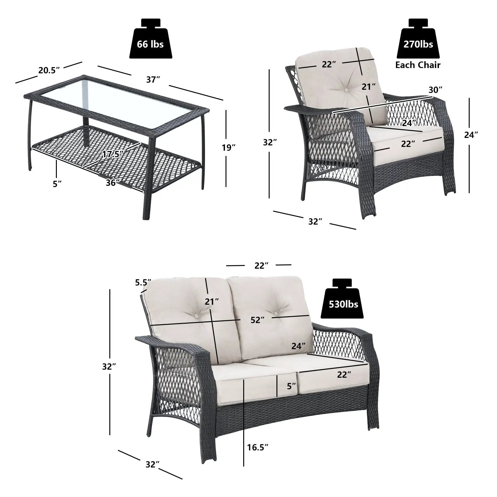4 Pieces Patio Wicker Furniture Set Loveseat Sofa Coffee Table with Cushion-Beige by DirectDeals