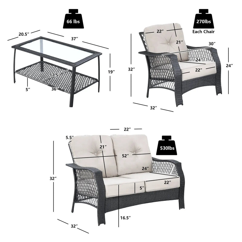 4 Pieces Patio Wicker Furniture Set Loveseat Sofa Coffee Table with Cushion-Beige by DirectDeals