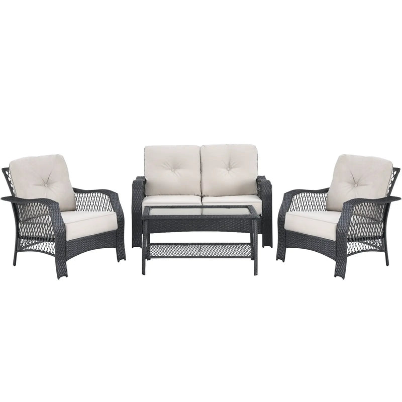 4 Pieces Patio Wicker Furniture Set Loveseat Sofa Coffee Table with Cushion-Beige by DirectDeals