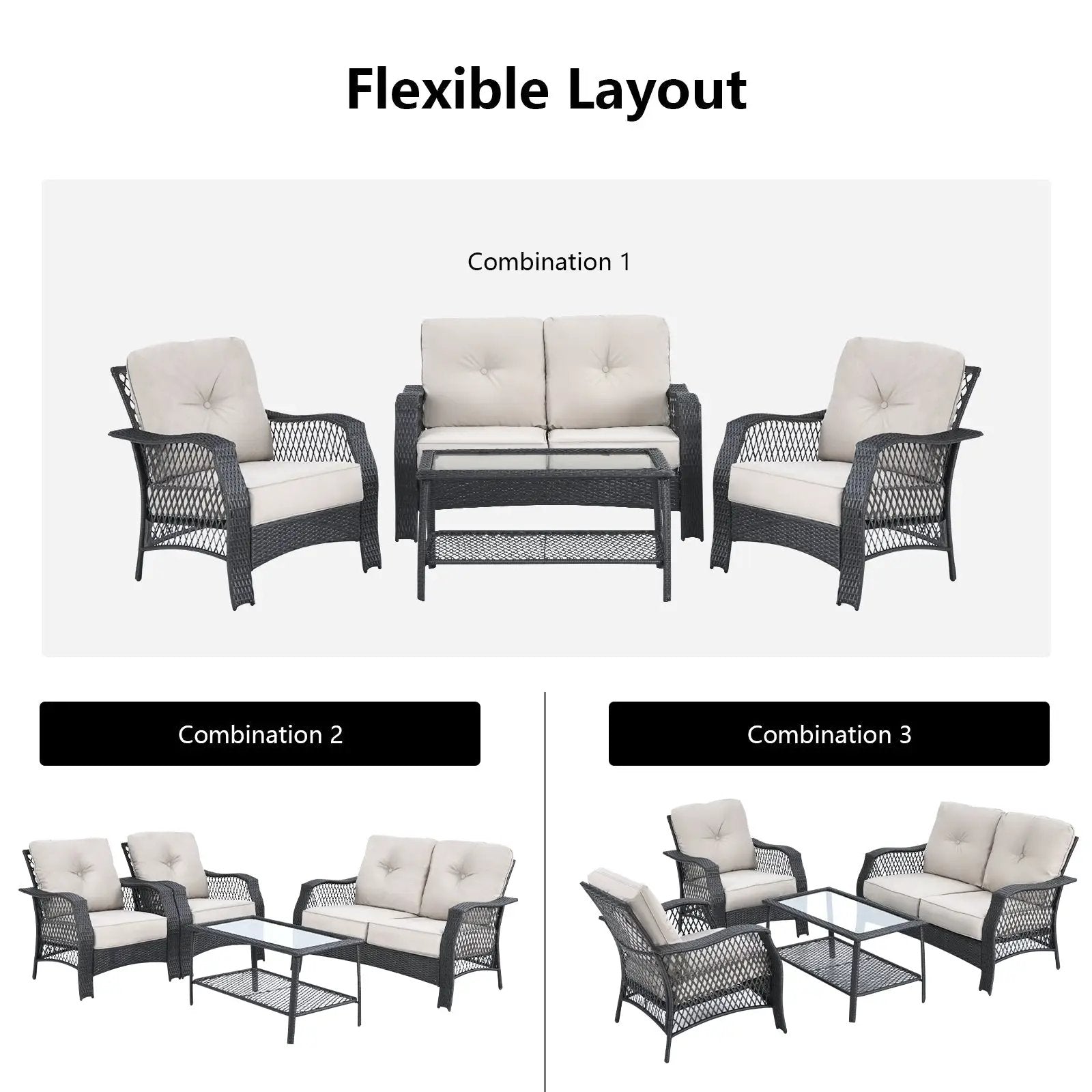 4 Pieces Patio Wicker Furniture Set Loveseat Sofa Coffee Table with Cushion-Beige by DirectDeals