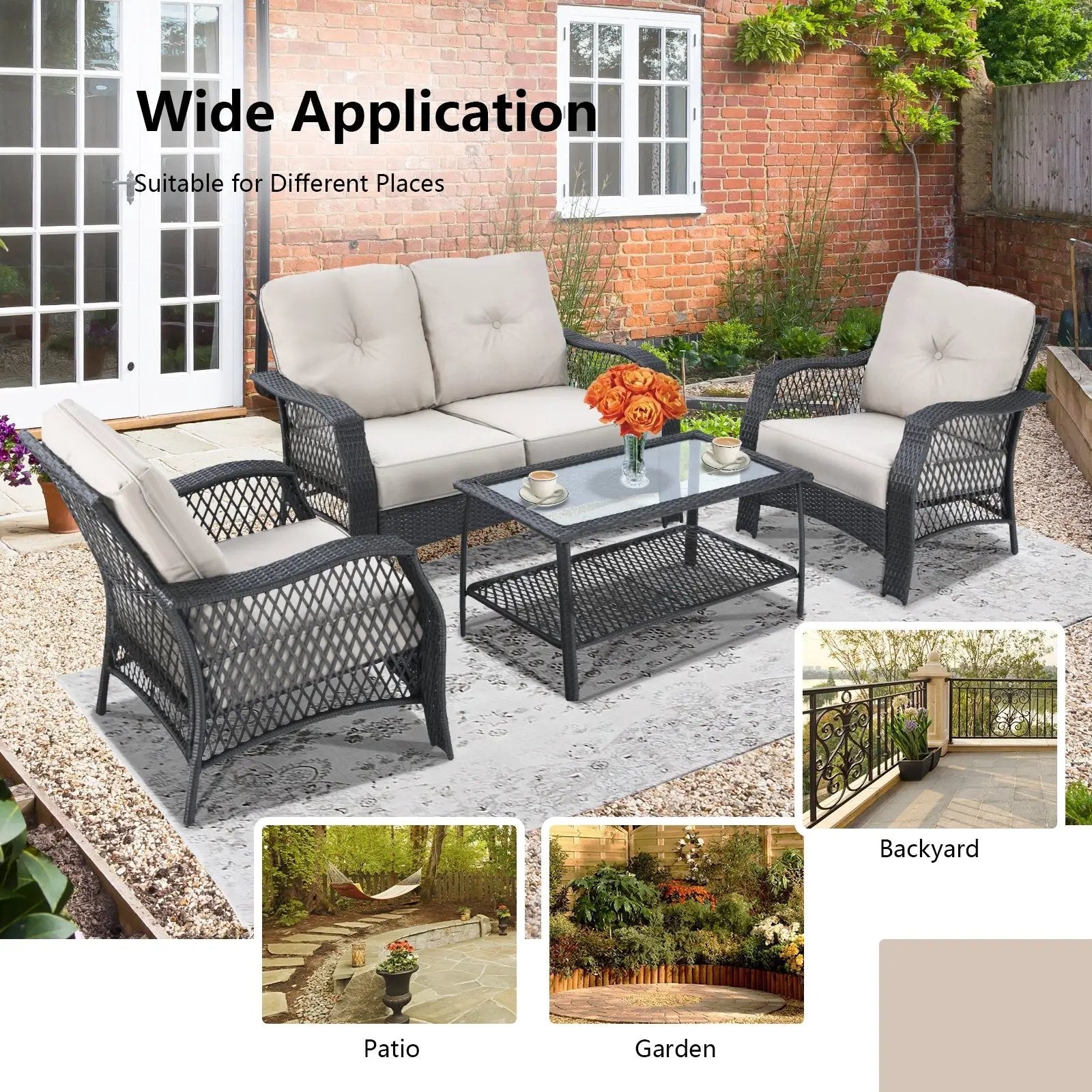 4 Pieces Patio Wicker Furniture Set Loveseat Sofa Coffee Table with Cushion-Beige by DirectDeals