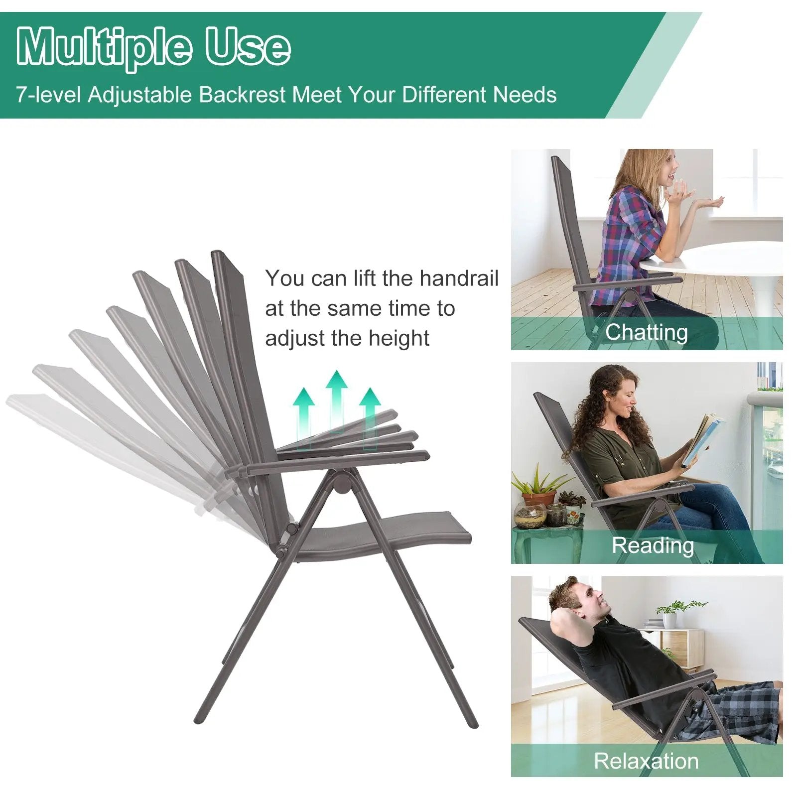 2 Pieces Patio Folding Dining Chairs Aluminium Adjustable Back-Gray by DirectDeals