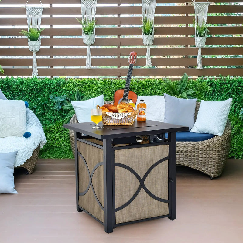 25 Inch 40000 BTU Propane Fire Pit Table with Lid and Fire Glass by DirectDeals