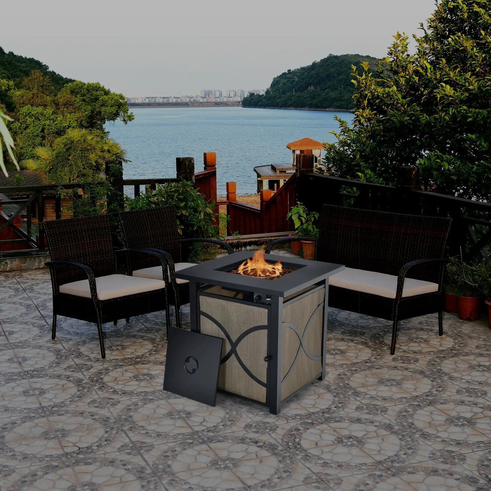 25 Inch 40000 BTU Propane Fire Pit Table with Lid and Fire Glass by DirectDeals