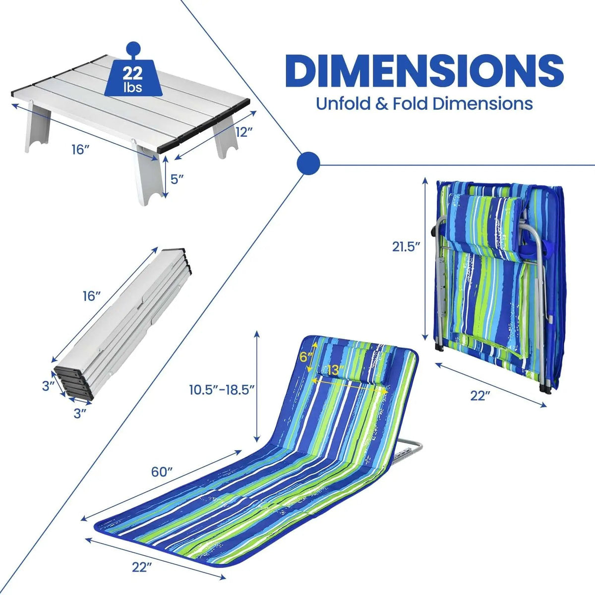 3 Pieces Beach Lounge Chair Mat Set 2 Adjustable Lounge Chairs with Table Stripe, photo 4 of 8