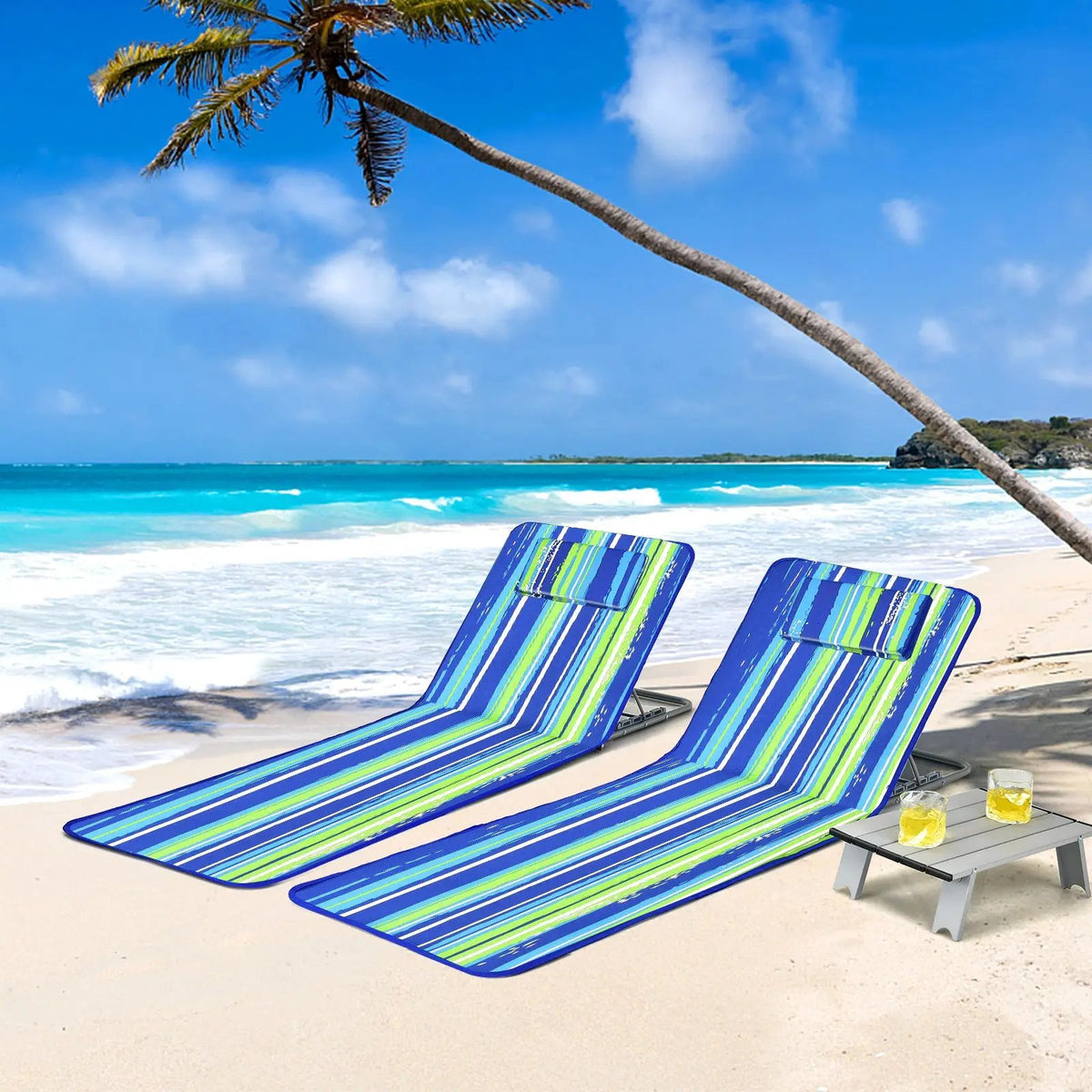 3 Pieces Beach Lounge Chair Mat Set 2 Adjustable Lounge Chairs with Table Stripe, photo 2 of 8